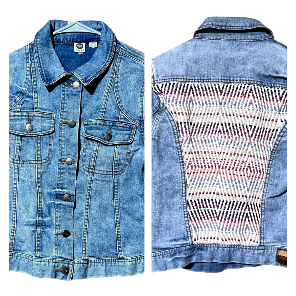 Roxy Button Up Denim Jacket Women's Small Blue Chest Flap Pockets Embroidered